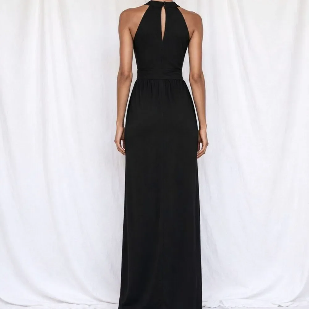 Vintage Y2K Roz & Ali Black Knit Bodycon Front Slit Maxi Cocktail Dress Size S/M